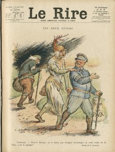 Illustration de Charles Leandre pour la couverture de Le Rire, 24/06/22 - Les deux guides - Angleterre Grande-Bretagne, Europe, Président de la République, Paix, Chapeau - Poinsare Raymond, David Lloyd George - Charles Leandre