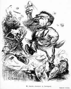 Jean Jaurès dansant et chantant la Carmagnole sur une table de banquet (présumé ivre) image dans Le Rire n°105 du 7 novembre