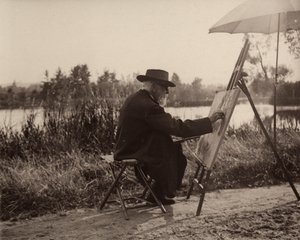 Le peintre Lhermitte Léon (1844-1925), travaillant sur la rive de la Marne, non loin de sa propriété, vers 1914-1915, France
