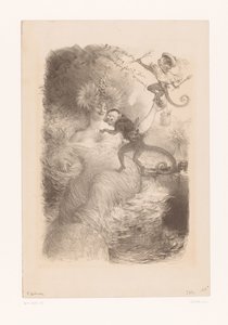 Femme avec globe terrestre, piles de papiers et deux singes