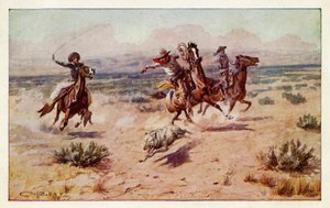 Cowboys poursuivant un loup des prairies