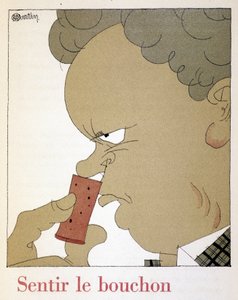 Sentir le bouchon - dans « Monseigneur le vin », dessin de Charles Martin (1884-1934), fascicule des Établissements Nicolas