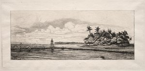 Océanie : Pêche près des îles avec des palmiers dans le groupe Uea ou Wallis, 1863 - Charles Meryon