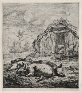 Trois porcs allongés devant une porcherie, 1850