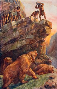 Hommes préhistoriques attaquant les grands ours des cavernes