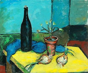 Bouteille noire et oignons (huile sur toile) - Charles Murray