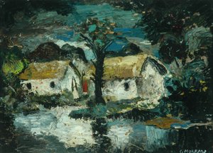 Cottage with Stream (huile sur carton) - Charles Murray