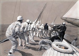 Hissage de la grande voile à bord du Brynhild, un bateau de course, vainqueur de la Kings Cup. Dessin et lavis (37,4x46,1 cm) par Charles M. Padday ( ) , début du 20e siècle.