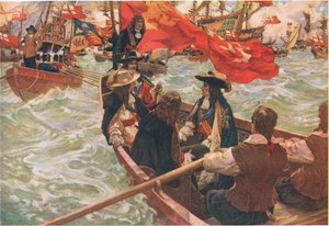 Homecoming of Charles II, extrait de Cassells History of the British People publié par la Waverley Book Company Limited, vers 1940 (lithographie en couleur)