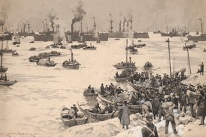Les troupes japonaises débarquant en Corée en 1905. Dessin et lavis (30.1x45.6 cm) par Charles M. Padday ( ) , début du 20e siècle.