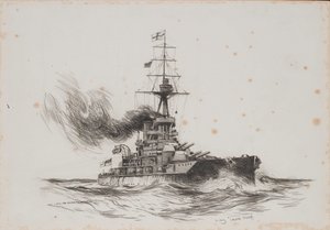 Le navire britannique Iron Duke. Dessin (25.5x36.8 cm) par Charles M. Padday ( ) , début du 20e siècle.