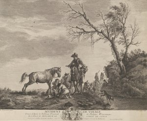 Un accident en voyage, un homme agenouillé réparant une selle cassée, un cheval pissant à ..., 1740-50 - Charles Nicolas Cochin