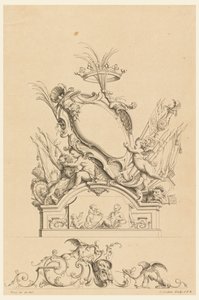Design pour Cartouche avec Couronne, Deux Putti servant Bacchus, et Deux Lions de "Cartouches Nouvellement Inventez"
