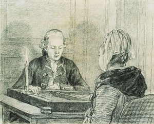 Un couple assis, la dame vue de dos, jouant au backgammon à la chandelle