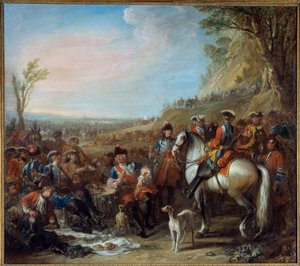 Arrêt des grenadiers à cheval de la maison du roi (1734). Au centre, Monsieur de Creil, Commandant