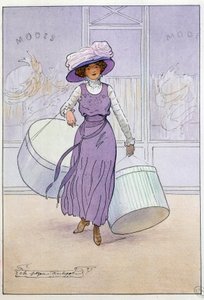 Petits métiers de Paris : la modiste. Dessin par Charles Pezeu dit Carlopez (20e siècle)