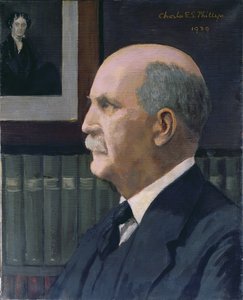 William Henry Bragg (1862-1942) avec une image de Michael Faraday (1791-1867) en arrière-plan, 1939