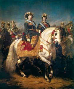 Défilé militaire passé en revue par les rois Isabelle II d