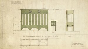 Conception pour des bancs et une table, montrée en élévation et plan de section - Charles Rennie Mackintosh