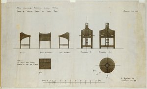 Conceptions pour des bureaux montrés en élévations frontale et latérale, pour les salons de thé Ingram Street, 1909