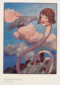 Un grand pigeon avait volé dans son visage. Alice avec un long cou.