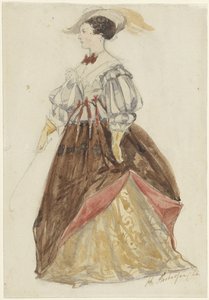 Femme en costume riche, avec chapeau et fouet à la main - Charles Rochussen