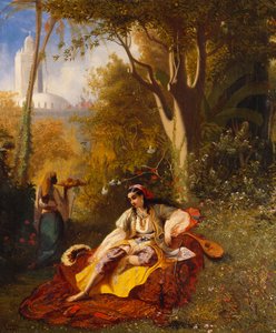Une femme algérienne et sa servante dans un jardin