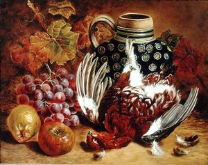 Nature morte de raisins, pommes, grouse morte et un pichet bleu
