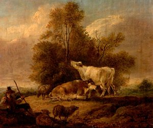 Paysage avec bétail et personnages