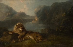 Lions dans un paysage lacustre