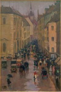 Rue Diener à Munich, avec la tour de Saint-Pierre en arrière-plan - Charles Vetter