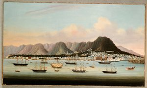 Vue de Victoria, Hong Kong, avec le Hulk H.M.S Princess Charlotte et des navires américains, britanniques et français, vers 1862