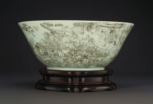 Un grand bol en porcelaine incisé représentant une scène continue de dames dans les jardins du palais, 1796-1820