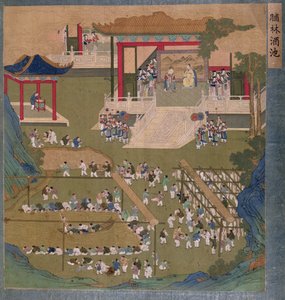 Empereur et impératrice chinois anciens tenant cour devant des courtisans naviguant et buvant dans un étang de vin de riz et se servant de flancs de bacon