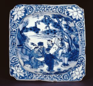 Plat carré kosometsuke bleu et blanc peint avec Shoulao et d