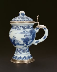 Pot à moutarde bleu et blanc avec couvercle peint avec un érudit et un assistant, Chongzheng, 1635-40 (porcelaine)