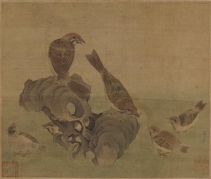 Moineaux nourrissant leurs petits, Dynastie Ming ou Qing