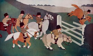 The gate crashers, jockeys on horseback, caricature de Chloe Preston (1887-1969) tirée du Tatler, n° 1435, 26 décembre. - Chloe Preston