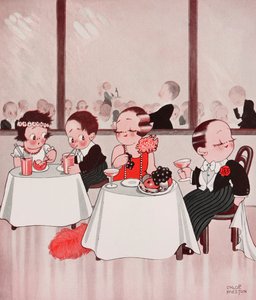 Town mice and country mice, Refined citizens vs unrefined countrymen, restaurant scene, dessin de Chloe Preston (1887-1969) tiré de The Tatler, No 1384, January 4 - Chloe Preston