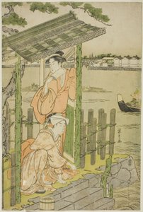 Rassemblement dans une maison de thé sur la rive de la rivière Sumida - Chobunsai Eishi