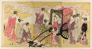 Noble femme dans un carrosse regardant les fleurs de cerisier