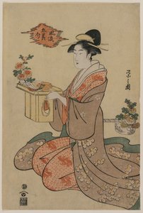 Femme tenant un support de tasse en bois décoré de chrysanthèmes (de la série Images élégantes des cinq festivals saisonniers)