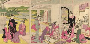 Femmes regardant des rouleaux peints des Dieux de la Bonne Fortune