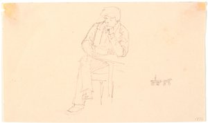 Homme assis à une table et petit croquis de calèche - Christen Købke