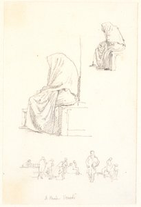 Skitseblad avec études de vieille femme assise et figures priantes