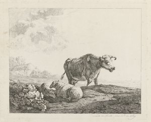 Paysage avec une vache et deux moutons
