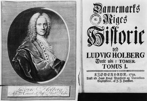 Baron Ludvig Holberg (1684-1754) et la page de titre du Volume I de son Histoire du Danemark, publié à Copenhague, 1732