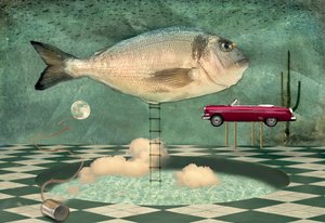 Paysage onirique surréaliste peuplé de poissons - Christian MARCEL