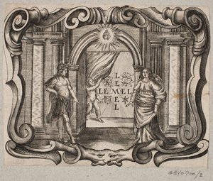Emblème avec portail, homme et femme, amourin et deux cœurs brûlants - Christian Rothgiesser