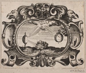 Emblème avec soleil rayonnant à travers un anneau et une lentille, allumant un feu